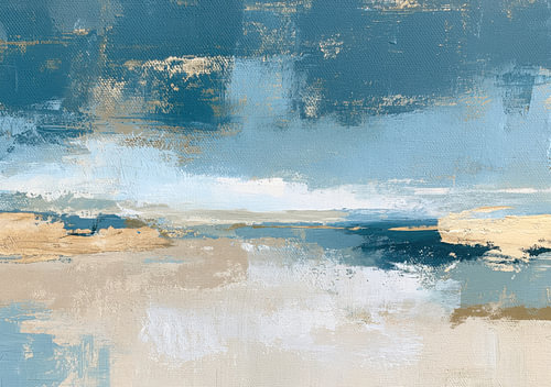 Abstract coastal landscape in blue, gold and white