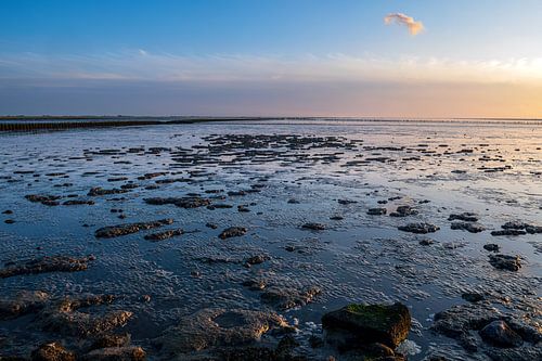 Laag water op het Wad bij Holwerd tijdens zonsondergang
