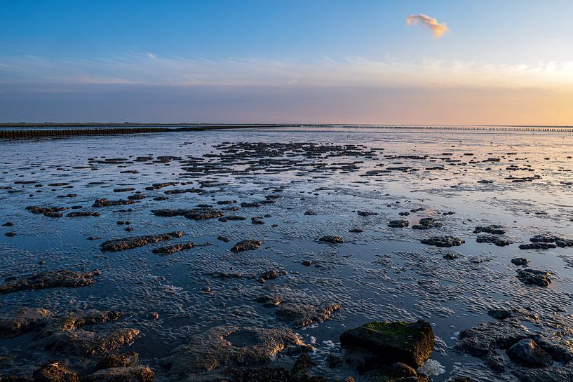 Low water on the mud flats near Holwerd during sunset by Evert Jan Luchies