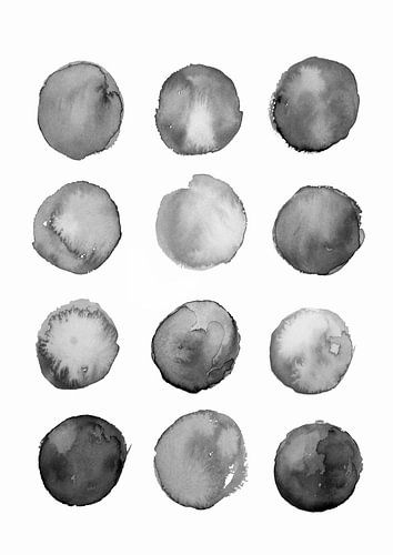 Zwart-witte inktcirkels - Minimalistische abstracte aquarelafdruk van Ela Szczepaniak