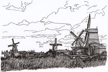 Tekening Zaanse Schans Molens Holland van Hendrik-Jan Kornelis