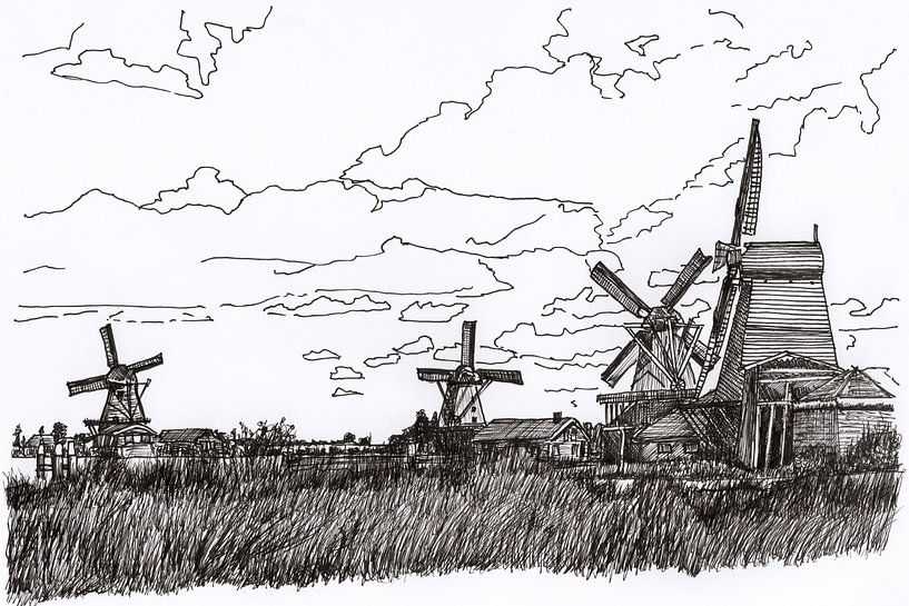 Drawing Zaanse Schans Mills Holland by Hendrik-Jan Kornelis