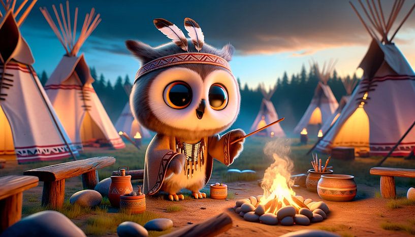 Petit hibou en sage chaman dans un camp indien par artefacti