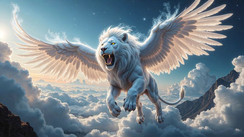 MARKUSLION: Le Lion Blanc Ailé au-dessus des Nuages par INFERAURUM