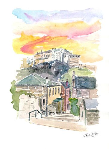 Édimbourg, Écosse, scène de rue avec un château au coucher du soleil