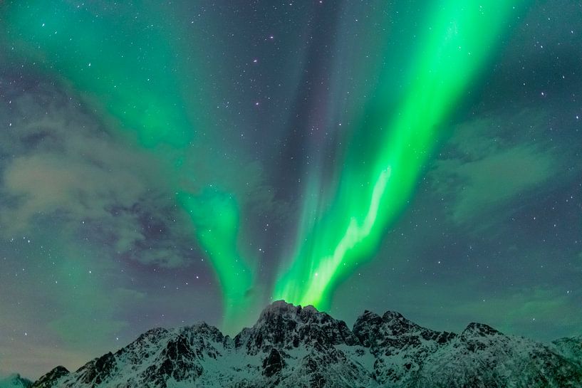 Noorderlicht of Aurora Borealis over de besneeuwde bergen in de winter van Sjoerd van der Wal Fotografie