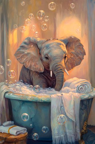 Schattige olifant in bad met bubbels