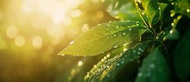 Green leaves with dewdrops in the light by Poster Art Shop
