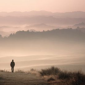 Einsamer Wanderer in den nebligen Hügeln bei Sonnenaufgang von BowiScapes – Landschaftskunst