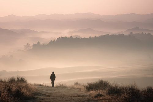 Lonely Hiker in Foggy Hills at Sunrise by BowiScapes - Fine Art Landscapes