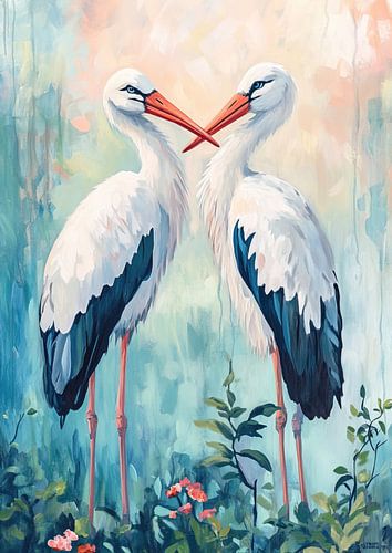 Cheerful birds | Two birds in garden by Eye catching paintings