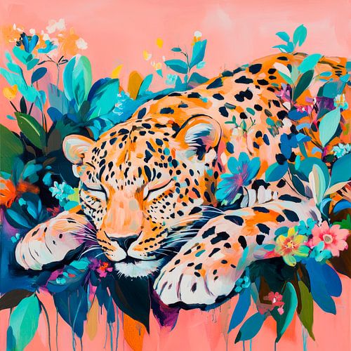 Schlafender Leopard unter Blumen