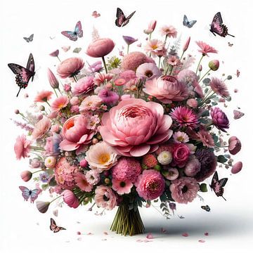 Field bouquet with pink flowers and butterflies