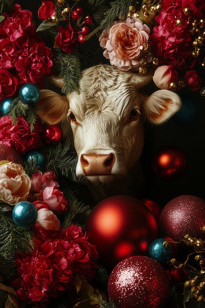 Christmas Cow in Floral Delight - Warmth of Red and Gold Accents by Eva Lee