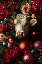 Christmas Cow in Floral Delight - Warmth of Red and Gold Accents by Eva Lee thumbnail
