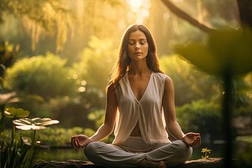 Frau praktiziert Achtsamkeit und Meditation in ruhiger Natur von Animaflora PicsStock
