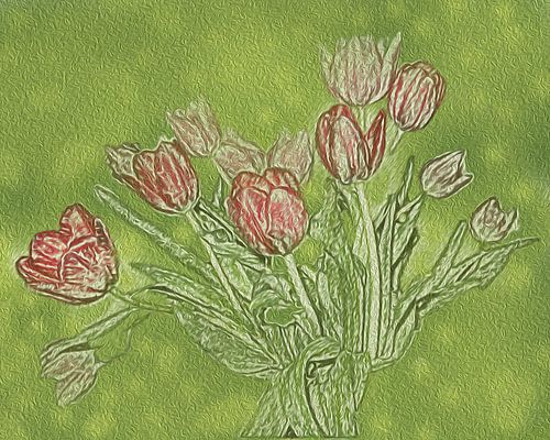 Zacht rode en roze tulpen in lente groen