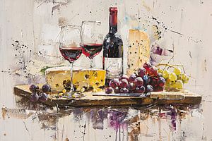 Stilleben mit Wein, Käse und Trauben