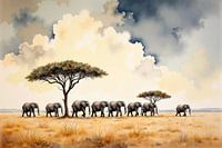 Troupeau d'éléphants d'Afrique marchant dans la savane lors d'un spectaculaire soleil