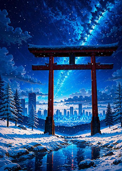 Torii Tor Schnee Winter Japan Stadtbild von Ruzerin