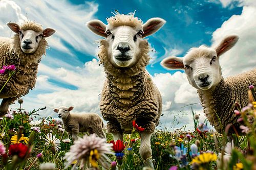 Schapen in bloemenveld schilderij