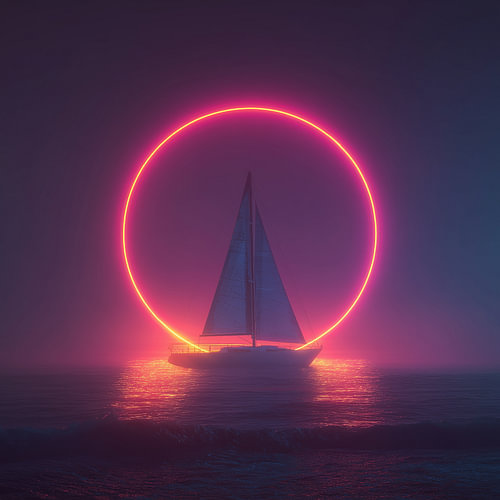 Segelboot unter einer rosa Neon-Sonne