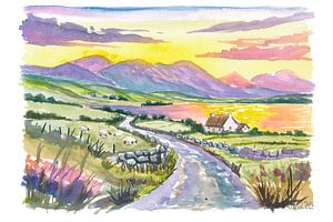 Connemara-Landschaftsgemälde mit Cottage, Schafen, Seen und sanften Hügeln