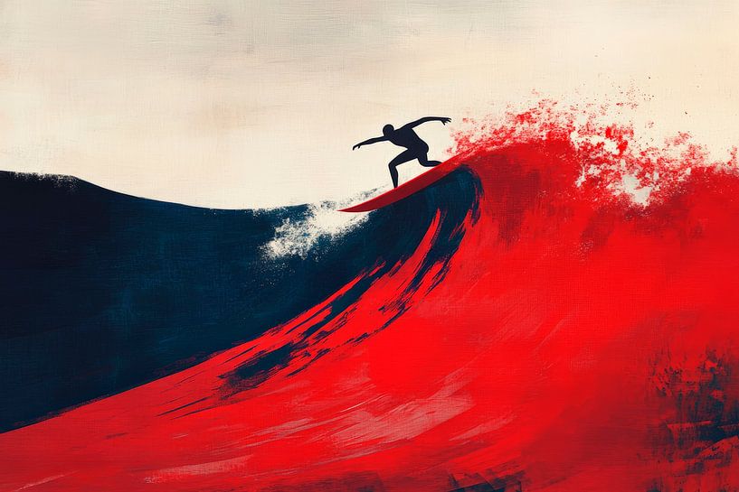 Surfer im roten Wellenrausch – Dynamik pur von Poster Art Shop