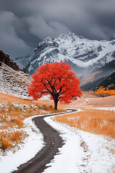 Rotlaubbaum in der Winterlandschaft von Poster Art Shop
