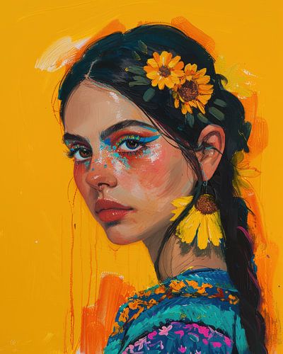 Portrait of a woman with sunflowers