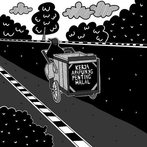 Monochrome Illustration eines Straßenverkäufers, der einen Wagen mit einem inspirierenden indonesischen Zitat schiebt