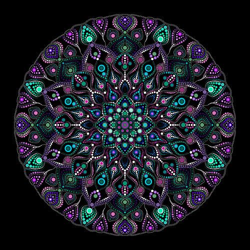 Big round dotted mandala in shades of blue, green, purple and white on a black background