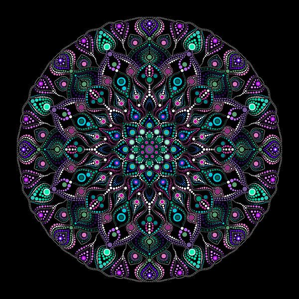 Big round dotted mandala in shades of blue, green, purple and white on a black background by Andie Daleboudt