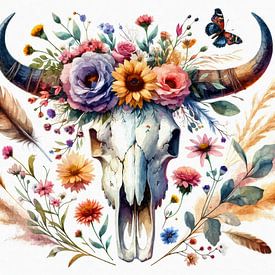 Buffalo skull with flower wreath by Sabine Wagner