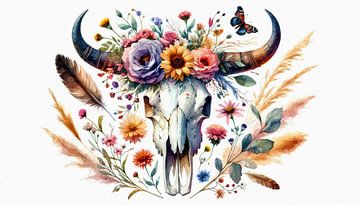 Büffelschädel mit Blumenkranz