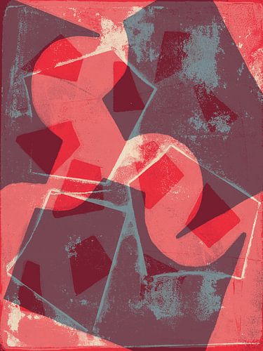 Abstracte vormen in rood, paars en grijs.