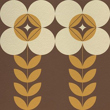 Retro Scandinavisch design geïnspireerde bloemen en bladeren in bruin, geel, beige van Dina Dankers