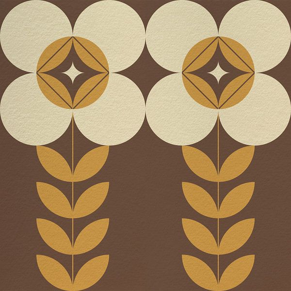 Retro Scandinavisch design geïnspireerde bloemen en bladeren in bruin, geel, beige van Dina Dankers