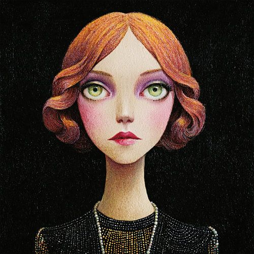 Surrealistisch vrouwenportret met groene ogen en rode boblijn – Bergense School stijl