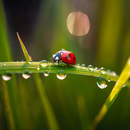 Ladybird on a blade of grass with dew