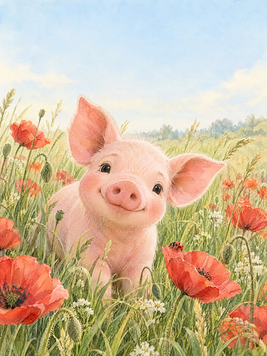 Biggetje op een papaverveld – aquarel