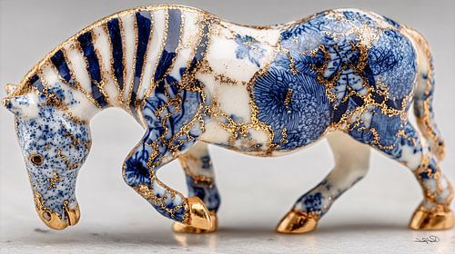 paard in delfts blauw en goud op een wit marmeren achtergrond