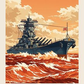Retro-Poster im flachen Design: Das japanische Schlachtschiff Yamato aus dem Zweiten Weltkrieg – Druck eines Kriegsschiffs der Kaiserlich Japanischen Marine (IJN) von SPJE ART