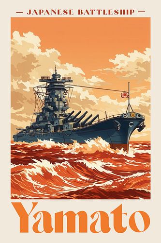Retro-Poster im flachen Design: Das japanische Schlachtschiff Yamato aus dem Zweiten Weltkrieg – Druck eines Kriegsschiffs der Kaiserlich Japanischen Marine (IJN) von SPJE ART