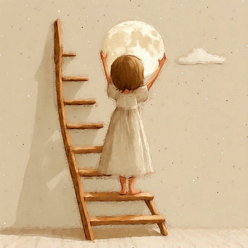 A girl is standing in front of a small ladder, and the moon is hanging on the wall.