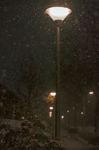 Lantaarnpalen langs trottoir met sneeuwval