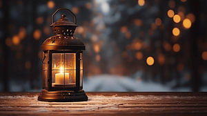 Alte Vintage-Laterne auf einem hölzernen Fensterrahmen mit Bokeh im Hintergrund