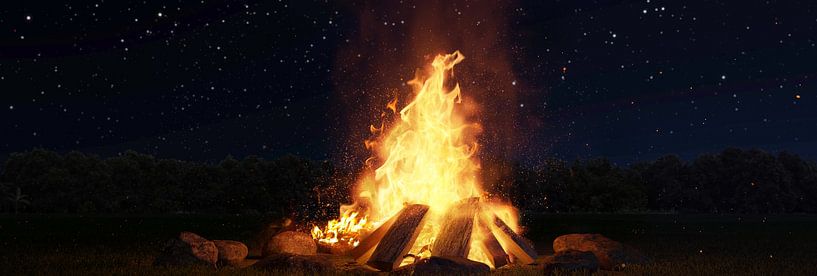Panoramic image bonfire at night by Besa Art