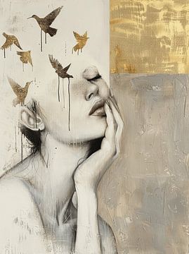 Modern en abstract portret in neutrale tinten met een vleugje goud van Carla Van Iersel