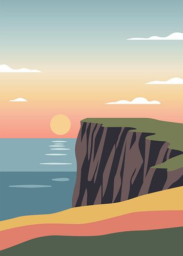 Minimalistische, platte vectorillustratie van een steile zeeklif met uitzicht op de zee tijdens zonsondergang.